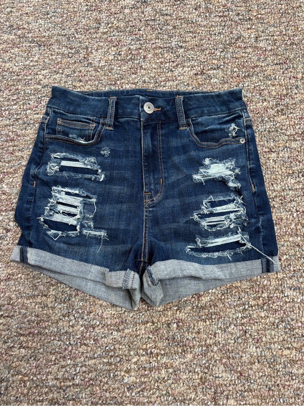 American Eagle Outfitters Dark Indigo Distressed Rolled Hem Jean Shorts